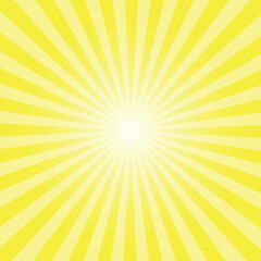 Sunburst background. Sunshine yellow radiate sun beam burst effect. Sunbeam light flash boom. Sunrise glow burst. Solar radiance glare, retro design illustration.