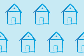 Seamless pattern with blue house icon on blue backboard. Cartoon style baby illustration. Architecture, construction, village, homepage. Creative kids city texture for fabric, wrapping or textile