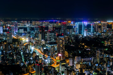 Fototapeta na wymiar 六本木ヒルズから眺める東京の夜景 田町・東京ゲートブリッジ方面
