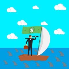 The concept of risks in business and management. A businessman on a sailing boat looks through a spyglass. The manager is surrounded by sharks. Vector illustration.