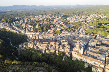 Aerial view of Ronciglione a village in Viterbo. Street houses and a beautiful landscape