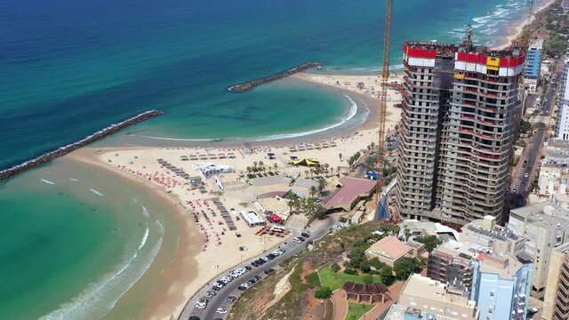 Aerial view of Netanya cliffside coastline, Israel.