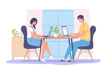 Young people work at home cartoon vector illustration