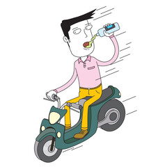 riding motorcycle and drink a bottle of water