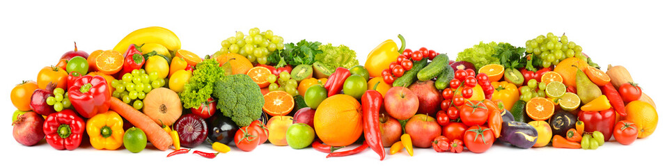 Wide panoramic composition of ripe fruits, berries and vegetables isolated on white