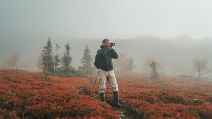 Young Caucasian Male Photographer Taking Picture of Nordic Nature in Early Misty Morning with Fog among Red Bilberry Bushes in Autumn