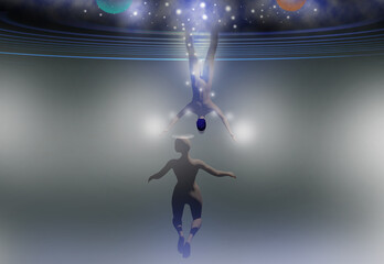 Obraz premium Illustrazione 3d di un angelo e un alieno che si incontrano nello spazio
