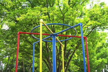 真夏の公園の遊具と欅風景