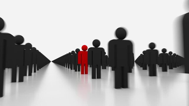 Individuality concept one among many, red stick figure between black figures