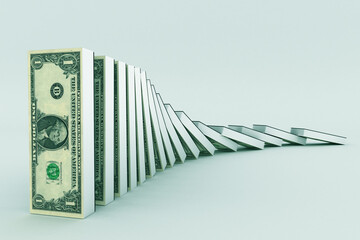 Money domino effect concept. Financial crisis, dollar. Currency depreciation, rate drop metaphor. 3d illustration
