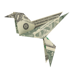 Money origami business or economics concept. Dollar bird made from American One dollar bill. Paper art. 3D illustration