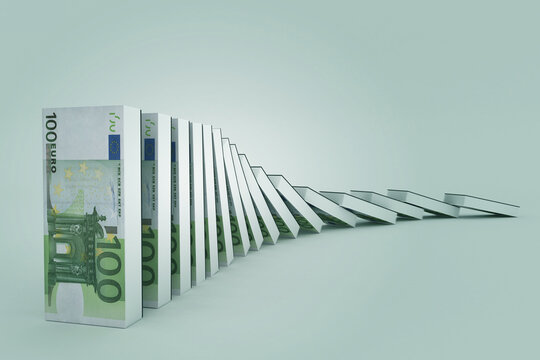 Money domino effect concept. Financial crisis, European currency, Euro. Currency depreciation, rate drop metaphor. 3d illustration