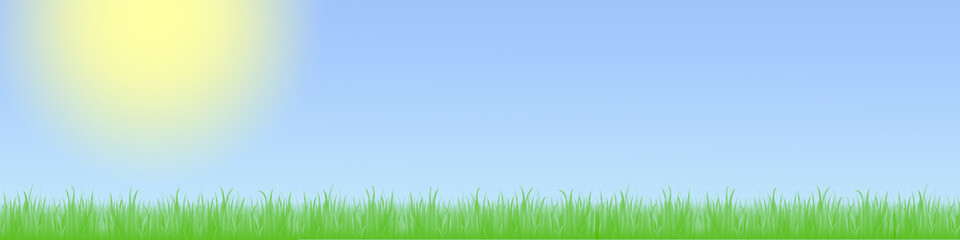 Plakat Landschaft mit grüner Wiese und blauem Himmel mit Wolken und Sonne