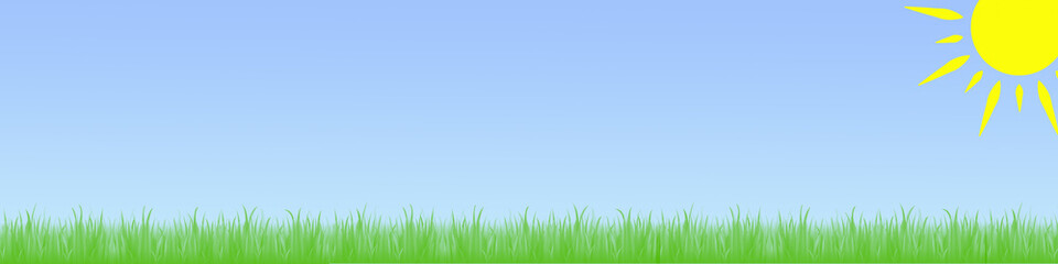 Fototapeta na wymiar Breite Hintergrund Landschaft mit grüner Wiese und Sonne