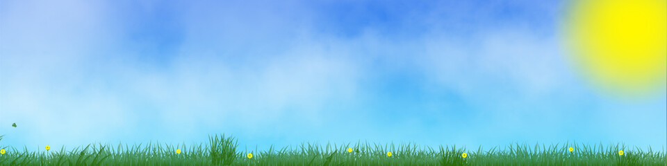 Fototapeta na wymiar Landschaft mit grüner Wiese und blauem Himmel mit Wolken und Sonne