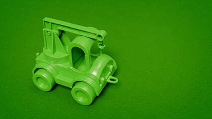 Fototapeta premium Green plastic toy truck on green background. 3D illustration. Children toys