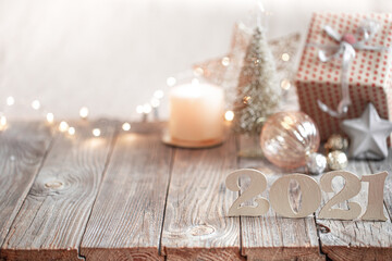 Fototapeta na wymiar New year 2021 holiday background with new year decor
