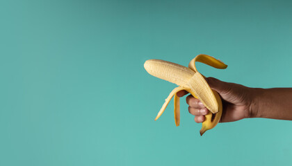 Banana Concept image. Hand Holding a Banana Peel against the blue background, Look like a Gun. Metaphor Photo. Clean and Minimal style