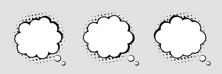 Blank retro comic speech bubbles. Set clouds with black halftone shadows on gray background. Vector design elements, eps10.