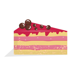 A piece of cake is isolated on a white background. Vector illustration in cartoon or detailed flat style. White sponge cake with pink cream and chocolate balls.