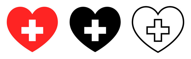 Set of Hearts with a cross vector icons. Healthcare, Medical symbols isolated on white background. Flat style for graphic, web design.