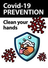 Covid-19 prevention, clean your hands, coronavirus, health protection labels