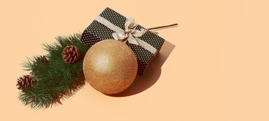 Gift box  polka dot design and geometry figure in isometric on trendy beige background. Still life. Present Holiday Christmas shopping concept