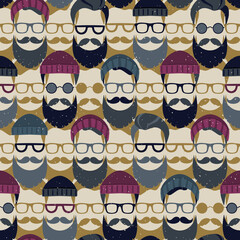 Bearded Hipster seamless pattern with glasses and hat on. Lumber sexual or Urban Lumberjack background.