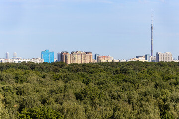 Fototapeta premium above view of lush green forest and city on horizon on sunny September day in Moscow city