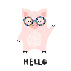 Greeting card with cute piglet. Kid print with lettering - HELLO. Vector illustration.