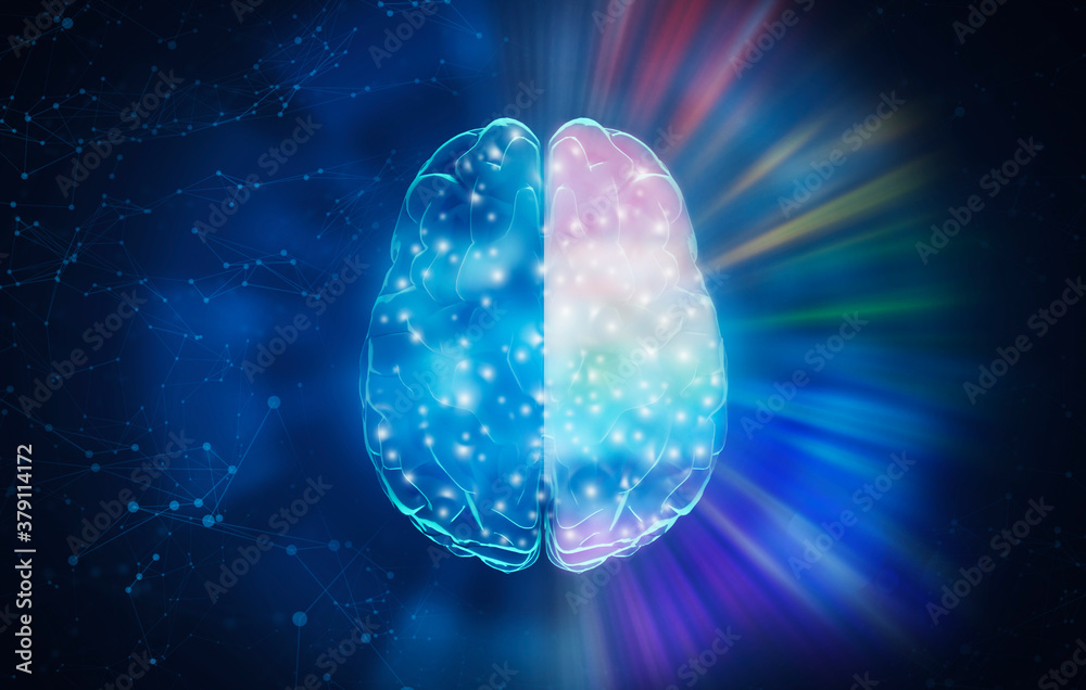 Poster 3d illustration for ai concept of futuristic human brain over abstract background