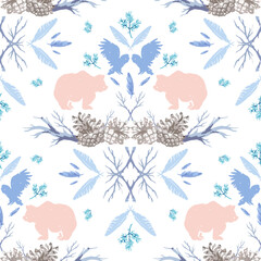 Hand-drawn forest silhouettes seamless pattern with animals: bear, owl