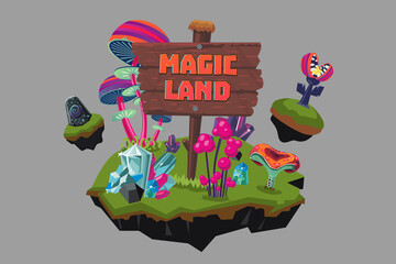 Fantasy landscape with a wooden table. Cartoon road sign.