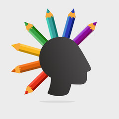 Punk head with color pencils. Art school vector sign. Creativity and self-education concept.