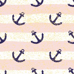 Tile sailor vector pattern with pink and white stripes, golden dust, and blue anchor for seamless decoration wallpaper background