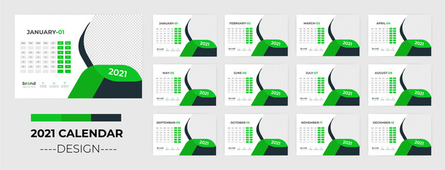 2021 Desk calendar template. Week starts on Monday. Set of 12 Month Vector design