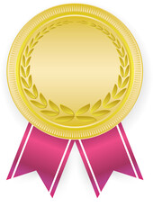 3D Gold blank medal and red ribbon. Empty winner award icon. Best choice badge. Vector illustration