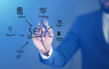 African Seo Specialist Drawing Web Content Optimization Scheme, Blue Background