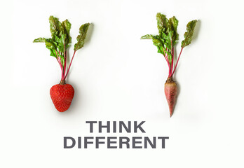 Strawberry with tops and turnip, think different text between