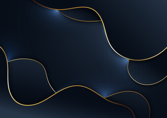 Abstract elegant blue wave shape with gold stripes on dark blue background