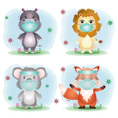 cute animal using face shield and mask : hippo, lion, koala and fox