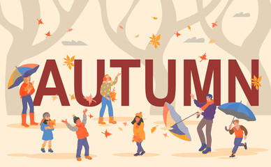 Autumn season background with adults and children people characters, happy with the start of the fall season. Warmly dressed people welcome the coming of autumn, cartoon flat vector illustration.