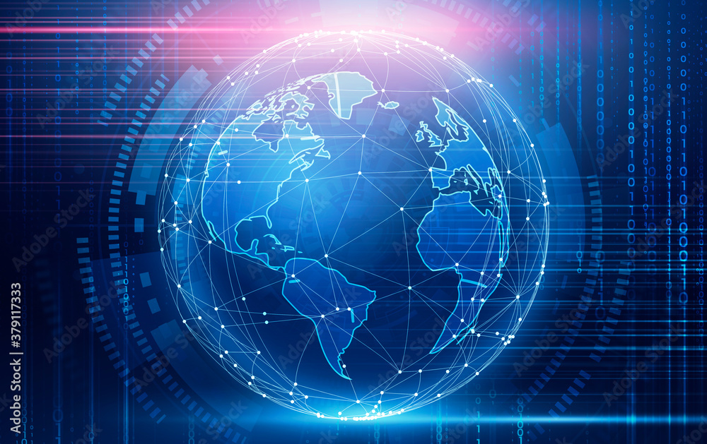Poster Global Network Connection. Creative Illustration Of Digital World Globe Over Abstract Background