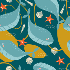 Whales, sea stars, hand drawn seamless pattern. Marine background vector. Colorful illustration, overlapping backdrop. Decorative cute wallpaper, good for printing