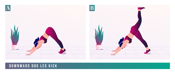 Downward Dog Leg Kick exercise, Women workout fitness, aerobic and exercises. Vector Illustration.	