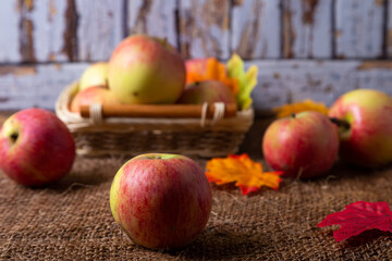 Ripe apples on burlap and in a basket. Rustic style, close-up.