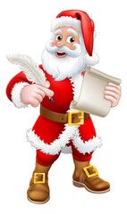 Santa Claus cartoon character holding a quill pen and scroll or letter. Christmas gift, naughty and nice list or letter to Santa concept.