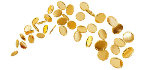 Flying gold coins isolated on white background, 3d rendering