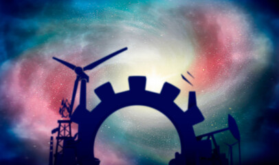 Fototapeta premium Energy and Power concept. Sustainable energy generation and heavy industry. Universe filled with stars.