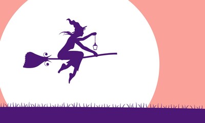 Flying young witch. Witch silhouette on a broomstick.
